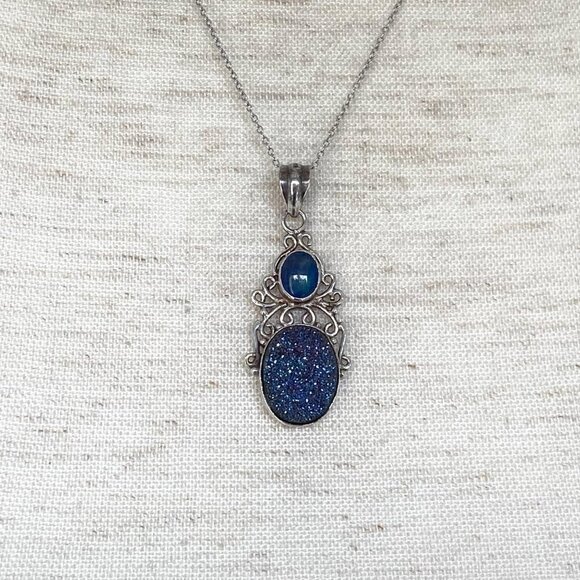 Sterling Silver 925 Oval Opal Titanium Druzy Scrollwork Pendant Necklace 18" - Picture 12 of 16